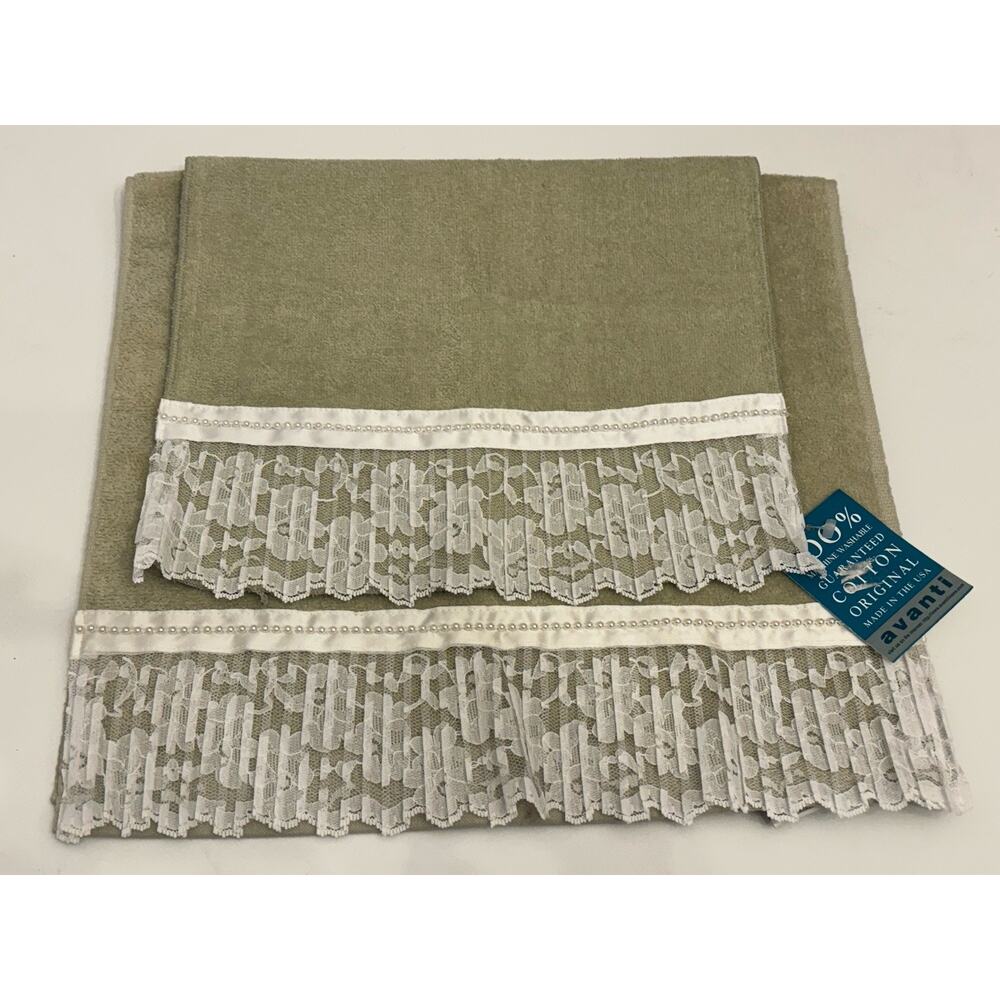 Vintage Avanti Green White Lace Decorative Bathroom Hand Towel Washcloth Set